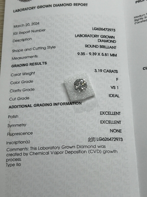 comprare 3.19CT F VS1 3EX Coltivato in laboratorio CVD Diamante a taglio rotondo Certificato IGI LG626472973 online manufacture
