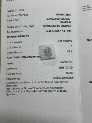 comprare 3.21CT E VS1 EX VG CVD Laboratorio coltivato per diamanti Brillant Cut IGI certificato online manufacture