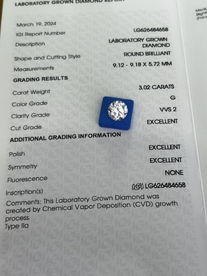 comprare 3.02ct CVD Laboratorio di diamanti cresciuti di taglio rotondo G VVS2 3EX N Certificato IGI online manufacture