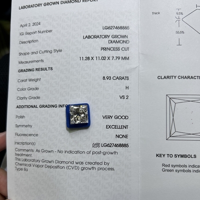 comprare 8.93CT H Colore VS2 Chiarezza 2EX CVD Laboratorio Cresciuto Princess Cut Diamond online manufacture