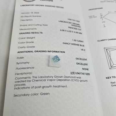 comprare 1.52CT Blu Intenso di lusso VS2 2EX CVD Laboratorio Cresciuto Diamante Forma Principessa OEM ODM online manufacture