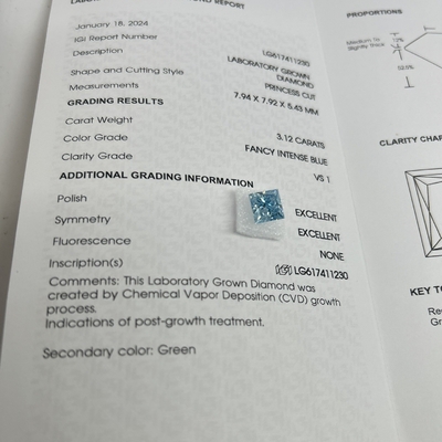 comprare 3.12CT Fancy Intense Blue Lab Made Diamonds VS1 2EX CVD Princess Cut online manufacture