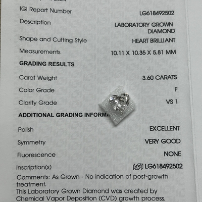 comprare 3.6ct Diamanti di laboratorio cuore brillante taglio CVD F VS1 2EX N IGI LG618492502 online manufacture