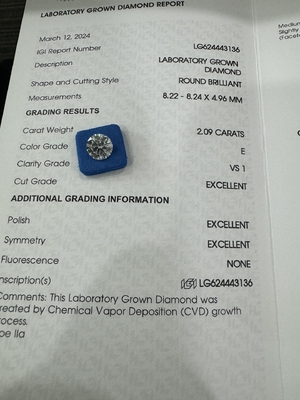 2.09CT E VS1 3EX CVD a taglio rotondo di diamante coltivato Certificato IGI LG624443136