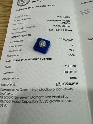 2.17CT G VS1 3EX Laboratorio CVD Creato Diamante a taglio rotondo Certificato IGI LG624443138