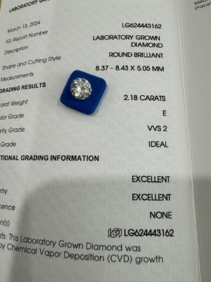2.18CT E VVS1 ID EX CVD Diamante sintetico rotondo Taglio brillante