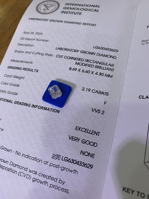 2.19ct Laboratorio Diamante Taglio Radiante CVD F VVS2 EX VG N IGI LG630433629