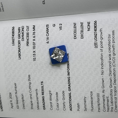 6.16 carati G VS2 2EX CVD Princess Cut Lab Creato Diamante Certificato IGI