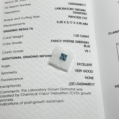 1.02CT Bianco Intenso Blu Verde VS1 EX VG CVD Laboratorio Cresciuto Diamante Princess Cut IGI Certificato