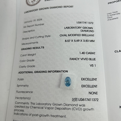 1.4ct Diamanti di laboratorio taglio ovale CVD Fancy Vivid Blu VS1 2EX N Certificato IGI
