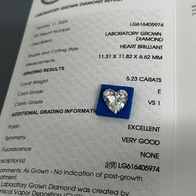 5.23ct Diamanti di Brillantezza Cresciuta Taglio di Cuore CVD E Colore VS1 Chiarezza 2EX N IGI