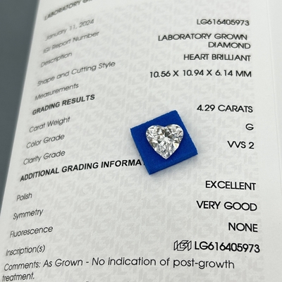 4.29ct Diamanti coltivati in laboratorio Taglio cardiaco CVD G Colore VVS2 2EX N IGI