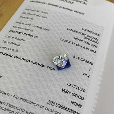 5.12ct Laboratorio cardiaco Diamanti coltivati CVD F VS2 2EX N IGI LG566326236