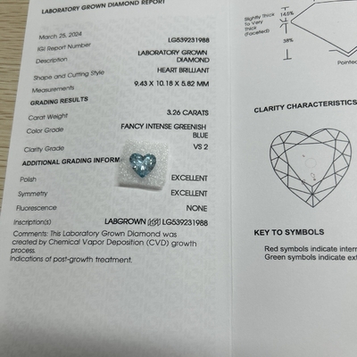 3.26ct CVD in forma di cuore Laboratorio Diamante Fancy Intenso Blu Verde VS2 2EX N