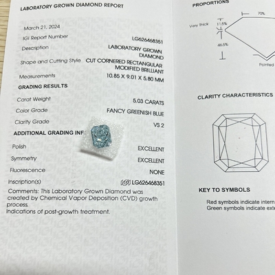 VS2 Diamanti coltivati in laboratorio Taglio radiante Blu Nuance Diamante di laboratorio 5,03 carati