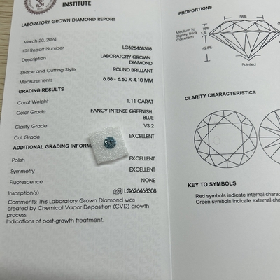Carat 1,11ct Chiarezza VS2 Laboratorio Creato Blu Diamante Forma Rotonda