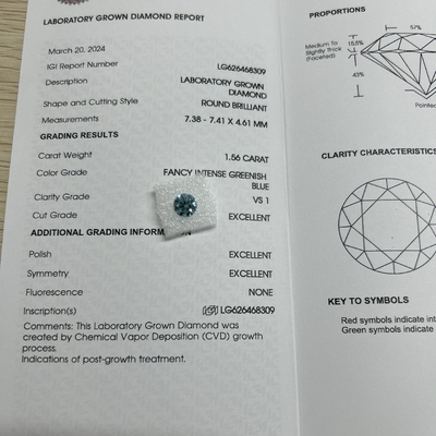 1.56ct Fancy Intense Greenish Blue Laboratory Grown Diamond Round Cut CVD FVS1 3EX N IGI